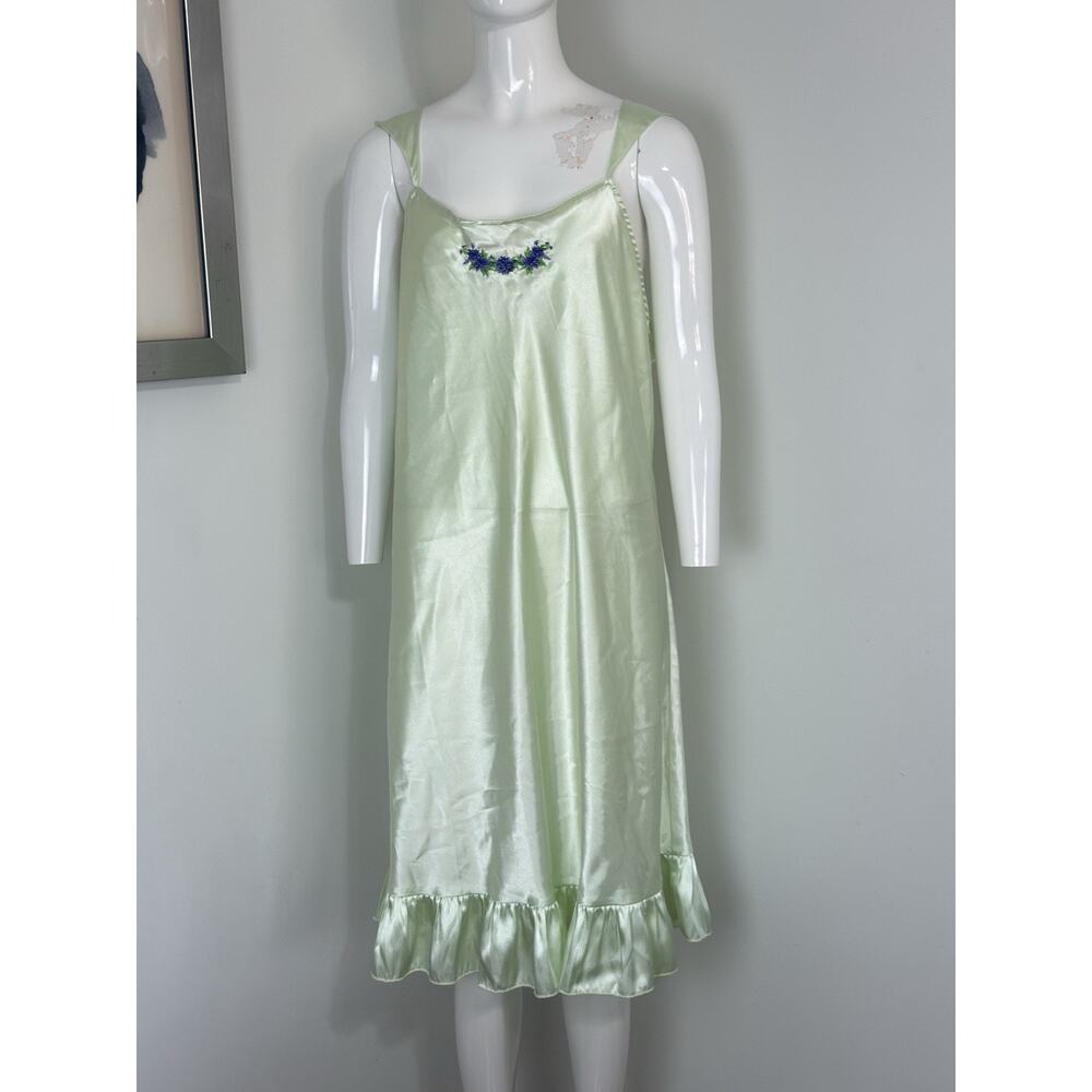 VTG Pink K Mint Green Satin Nightgown Embroidered Floral Ruffle Slip Dress XL